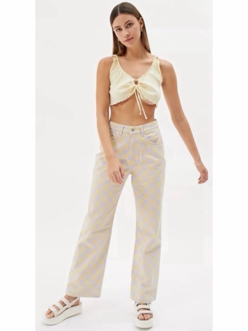 THE RAGGED PRIEST • Yellow/Lilac Checkered High-Waisted Straight Leg Jeans, 30